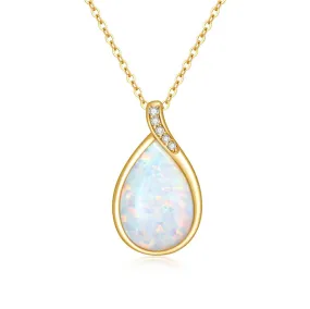 14K Gold Pear Shape TearDangle White Opal Moss Agate Pendant Necklace