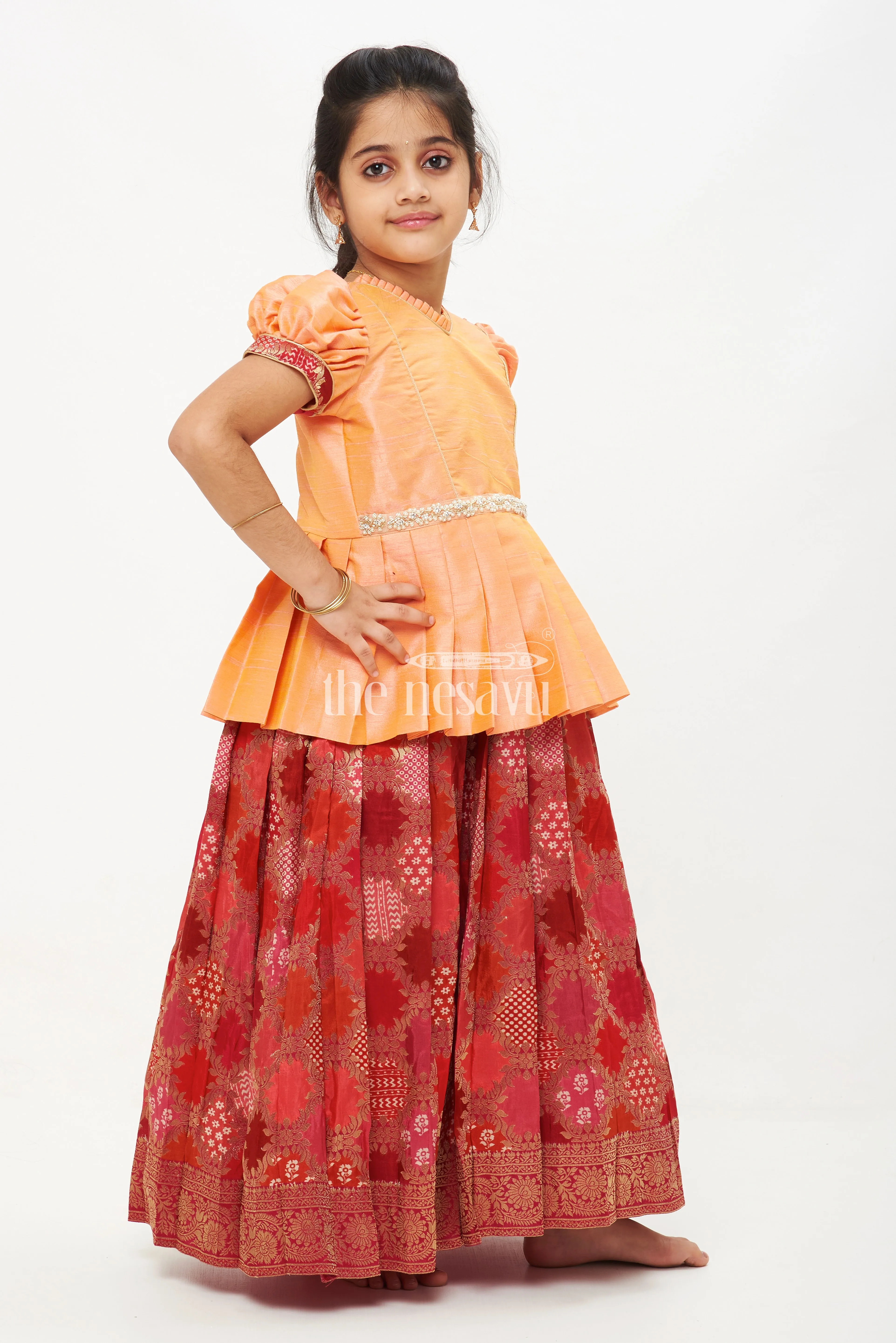 ADJ. Peach and Pink Viscose Silk Peplum Top with Placement Print Skirt for Girls