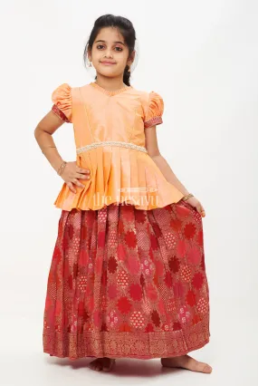 ADJ. Peach and Pink Viscose Silk Peplum Top with Placement Print Skirt for Girls