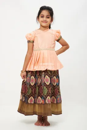 AGJ. Peach and Green Viscose Silk Peplum Top with Placement Print Skirt for Girls