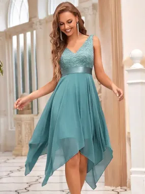 BAZIIINGAAA Neck Asymmetrical Hem Sleeveless Ankle-Length Dusty Blue Prom Dress 2024