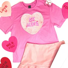 Be Mine Sequin Heart Short Sleeve Graphic Tee in Pink