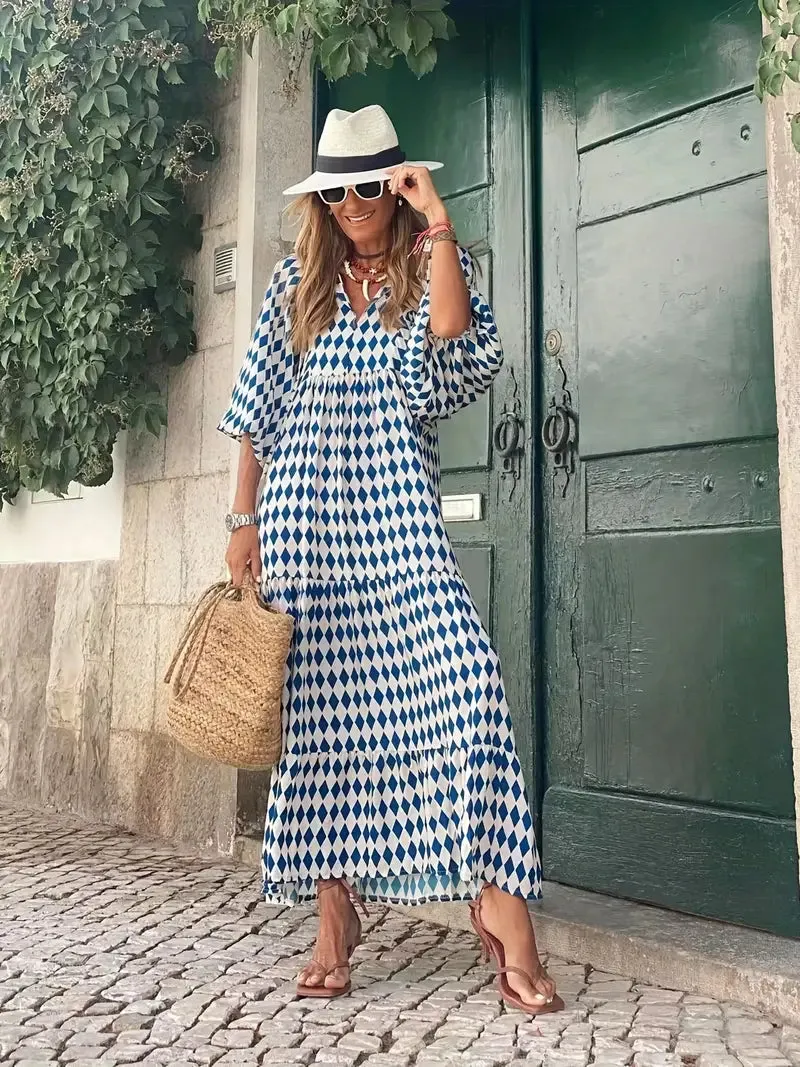 BerryBetty - Blue Long Beach Boho Puff Sleeve Maxi Loose Dress