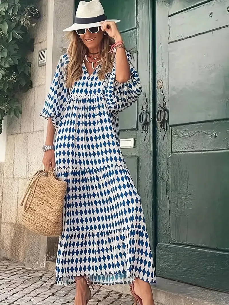 BerryBetty - Blue Long Beach Boho Puff Sleeve Maxi Loose Dress