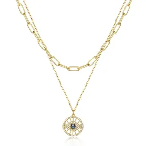 Dainty 14K Gold Layered Evil Eye Religious Necklace- Round Evil Eye Paperclip