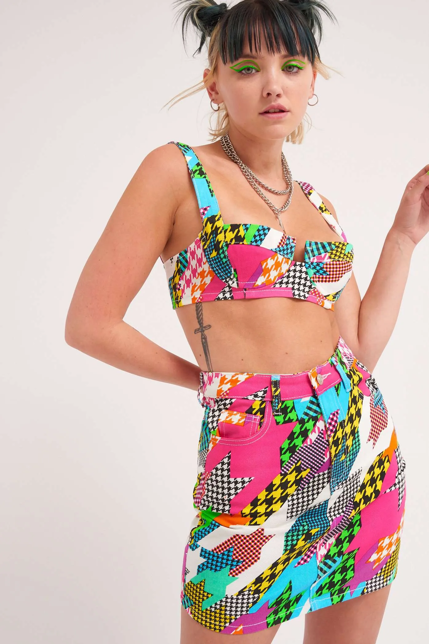 Dogtooth Printed Denim Bralet