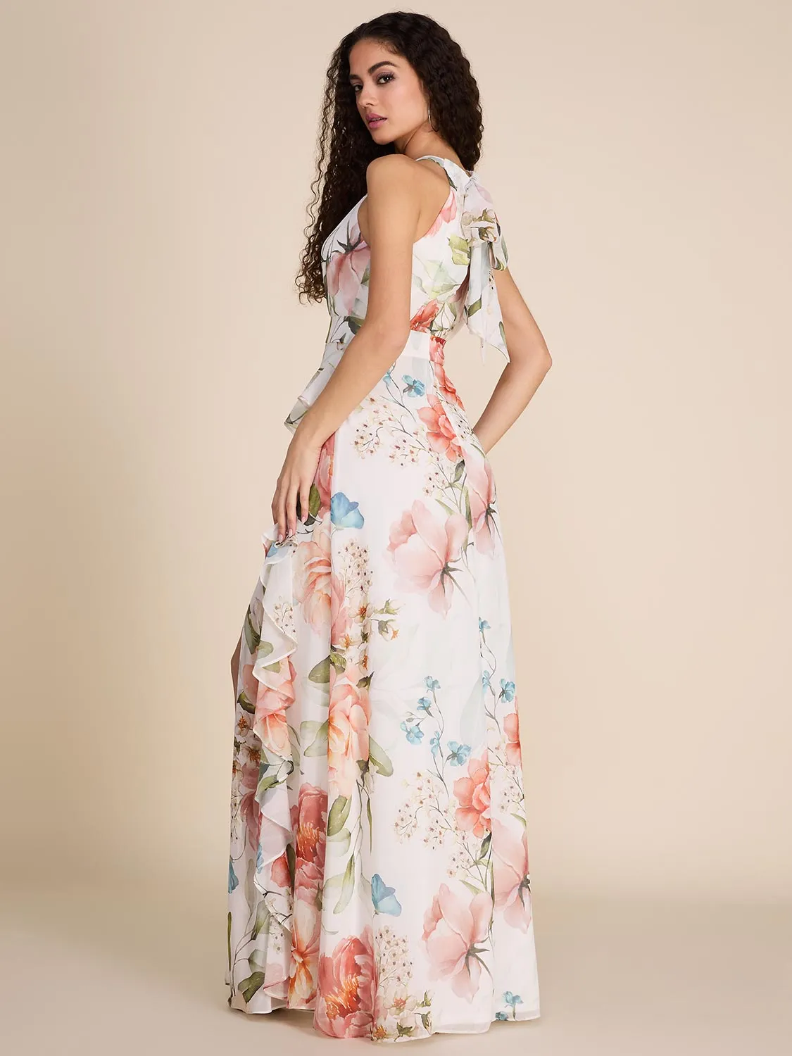 Floral Printed Halter Neck Gown