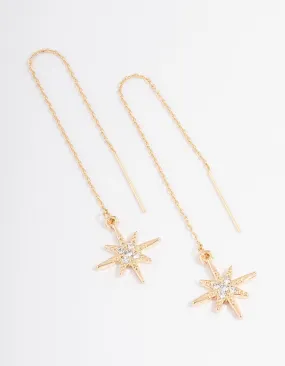 Gold Fine Diamante Star Threader Earrings