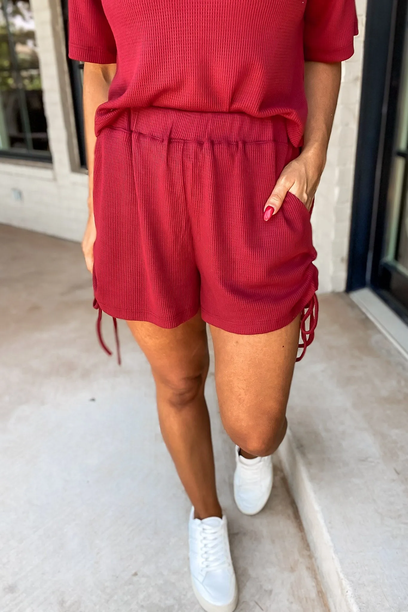 Good Days Cherry Ruched Waffle Knit Shorts