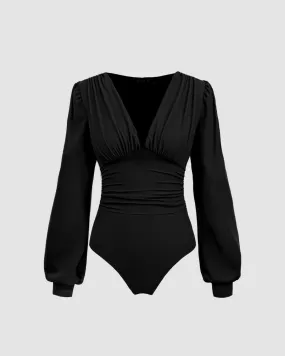 Plunging Neck Lantern Sleeve Black Bodysuit