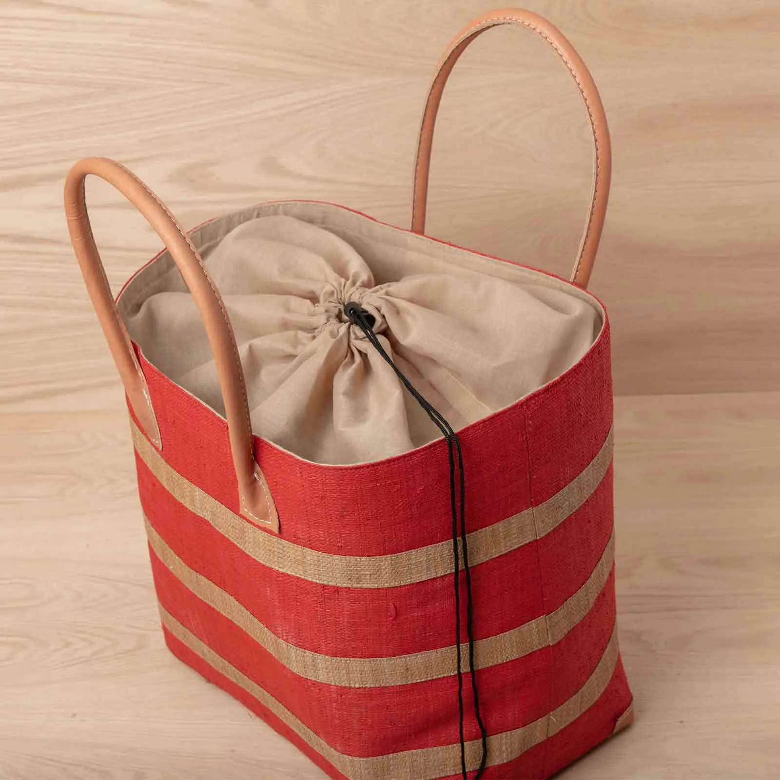 Raffia Coral Beach Stripe Tote with Leather Handle