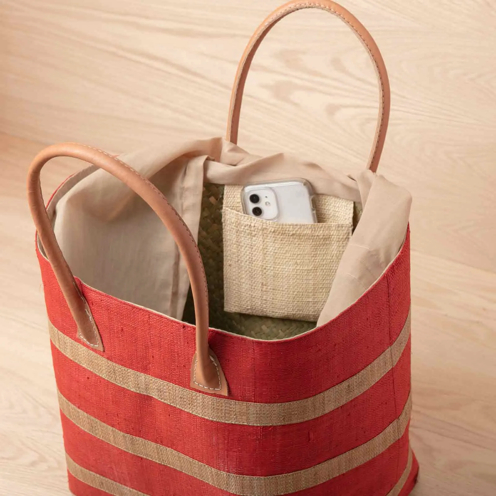 Raffia Coral Beach Stripe Tote with Leather Handle