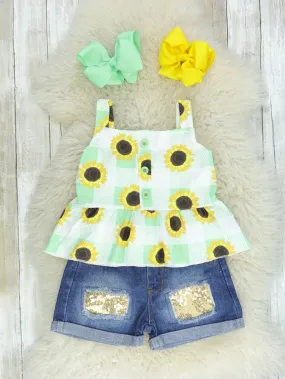 Sunflower Peplum Tank & Sequin Denim Outfit