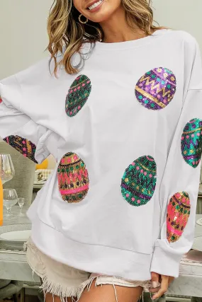 White Sequined Easter Egg Drop Shoulder Oversized Sweatshirt