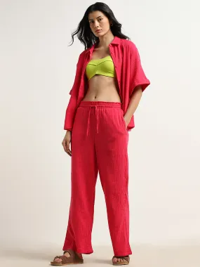 Wunderlove Magenta Textured Mid-Rise Cotton Beach Pants